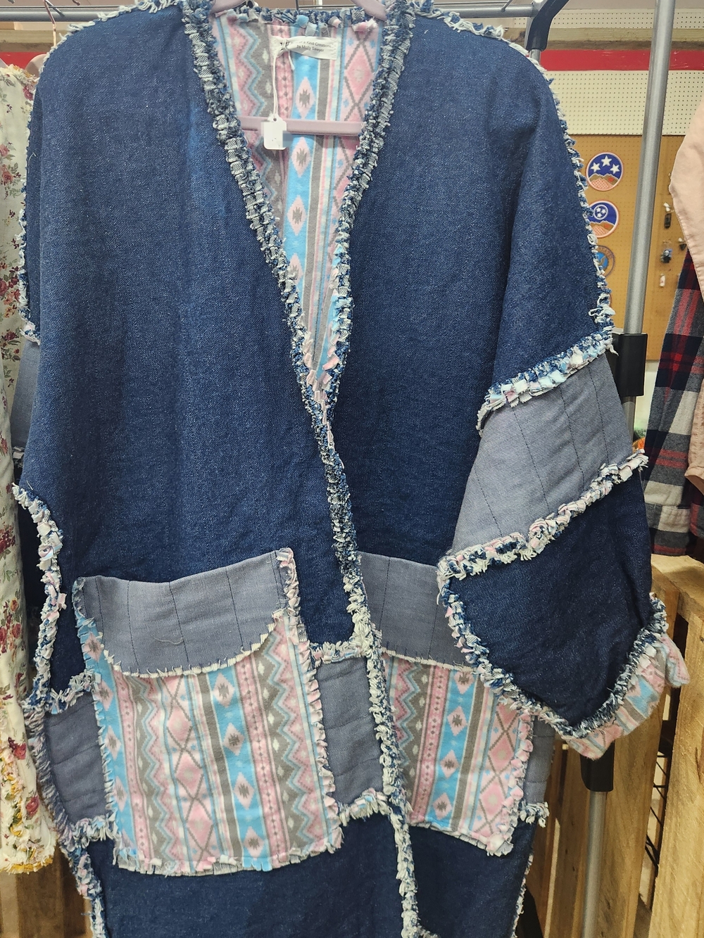 Denim Blue Fringe Patchwork Duster with Pastel Aztec Panels